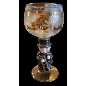 Vintage Goebal Etched Glass Goblet With Chimney Sweep Figurine